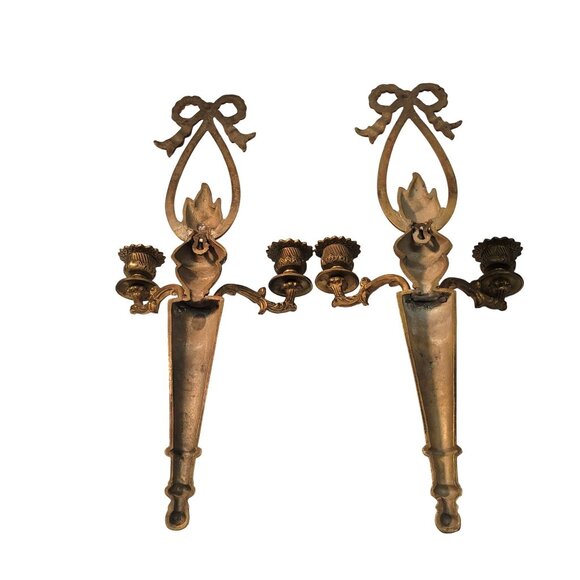 Wall Sconce Pair French Brass Flame and Bow Candle Neo Classical Early Century - Picture 2 of 10
